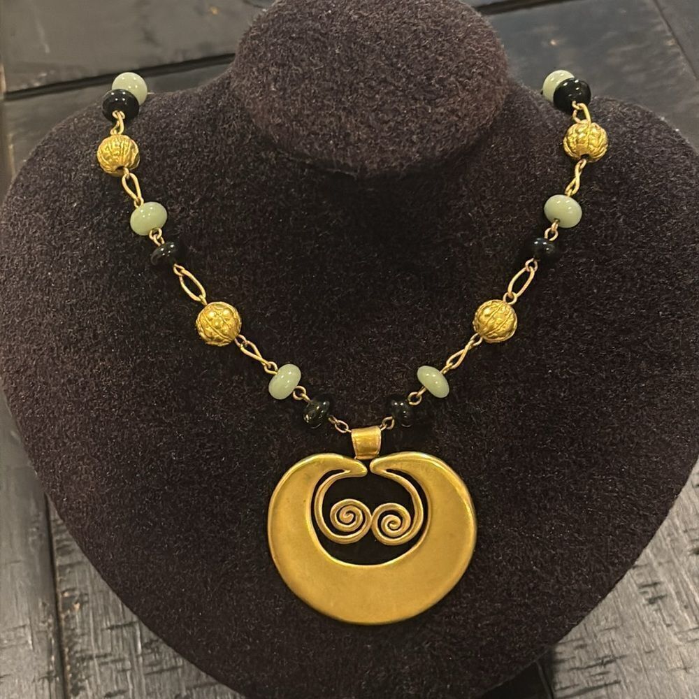Signed Abstract Beaded Retro Handcrafted Gemstone Pendant Necklace
